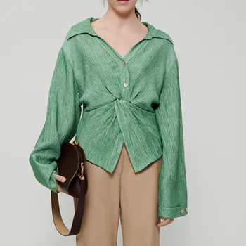 2023, Ранняя весна, Новые женские рубашки с V-образным вырезом и пуговицами, плиссированные модные простые универсальные элегантные зеленые рубашки