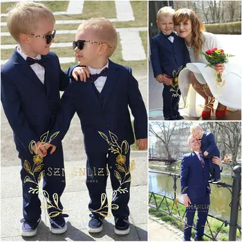 Детские костюмы для мальчиков, свадебный комплект из 3 предметов, куртка, Брюки, жилет, темно-синий приталенный официальный блейзер, вечерние смокинги, детская одежда