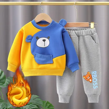 Детские осенне-зимние костюмы, новый флисовый свитер для мальчиков 2-6 лет, одежда для мальчиков, пуловер с рисунком медведя, комплект из 2 предметов